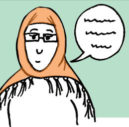 Illustration of a woman with glasses speaking.