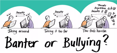 Cartoon showing two people joking around, taking it too far and then causing real upset, showing a journey from banter to bullying.