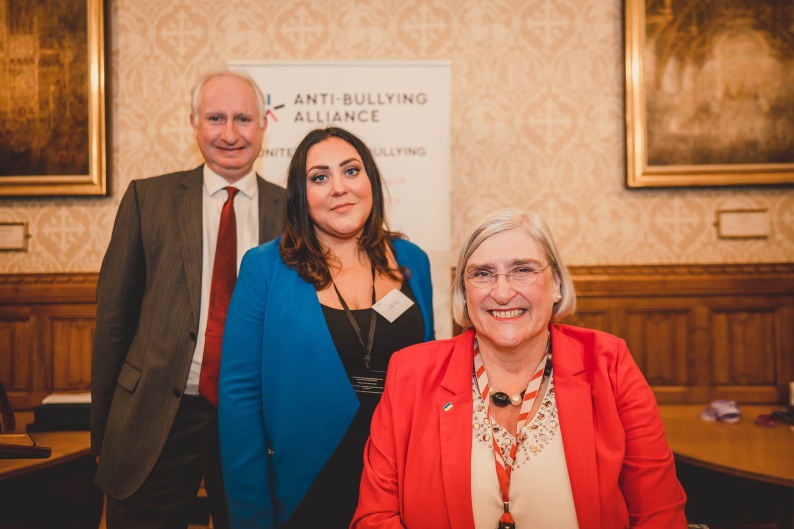 Daniel Ziechner MP and Baroness Sal Brinton (previous Chairs of the All Party Parliamentary Group on Bullying) and ABA Director Martha Evans at our birthday parliamentary event
