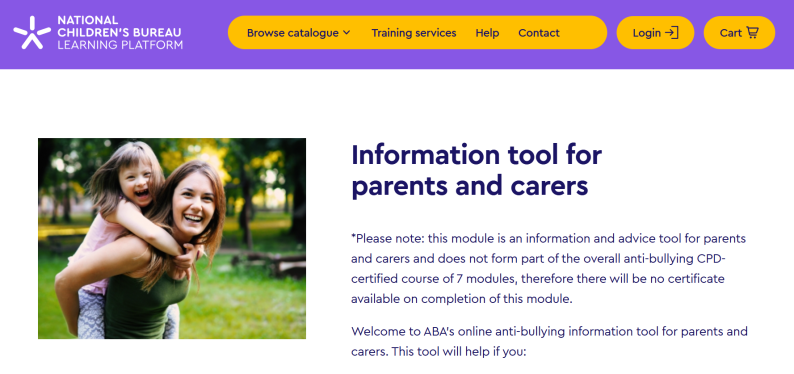 Parent and carer CPD training home page screenshot