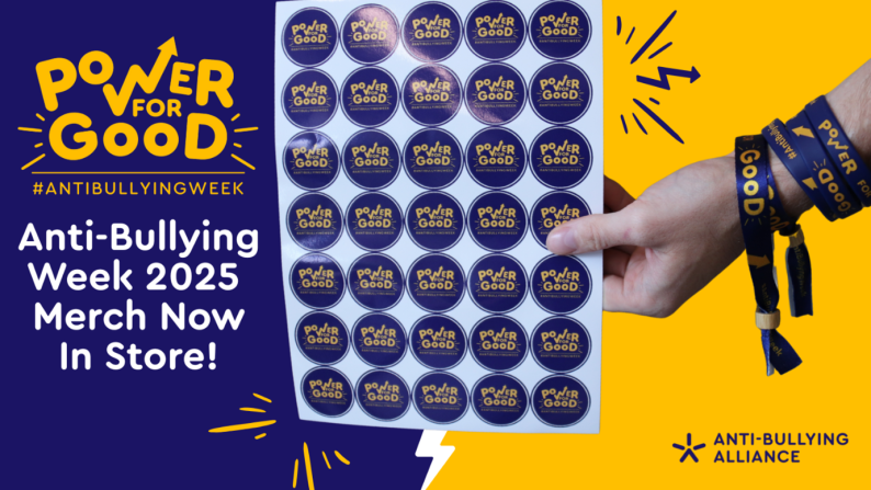 Image of Anti-Bullying Week merchandise with the wording 'Anti-Bullying Week 2025 Merch now in store!'